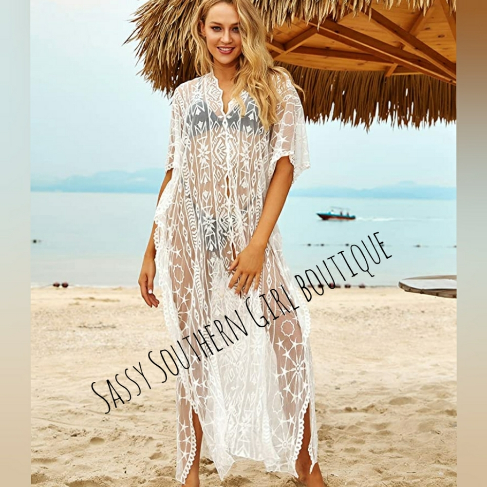 🆕⭐ Boho white embroidered lace kaftan dress